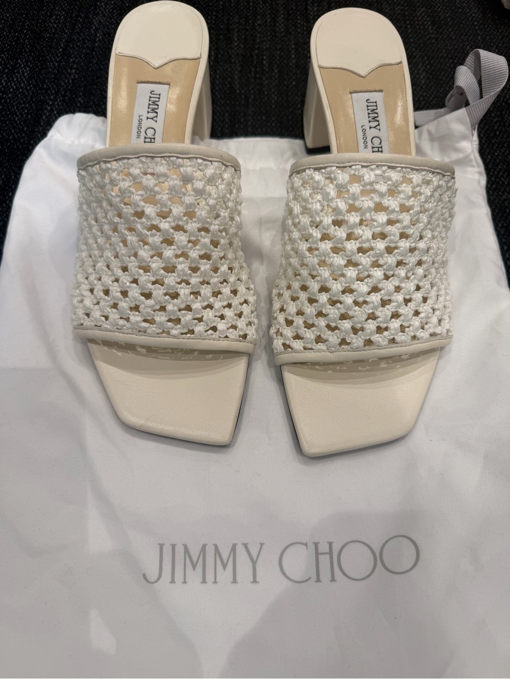 Jimmy Choo Cream Woven Block Heel Slide Mules